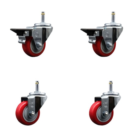 Service Caster 3'' Red Poly Wheel Swivel 7/16'' Grip Ring Stem Caster Set 2 Brakes, 4PK SCC-GR20S314-PPUB-RED-PLB-716138-2S2